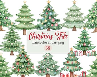 Christmas Tree Clipart, Watercolor Christmas PNG, Digital Download