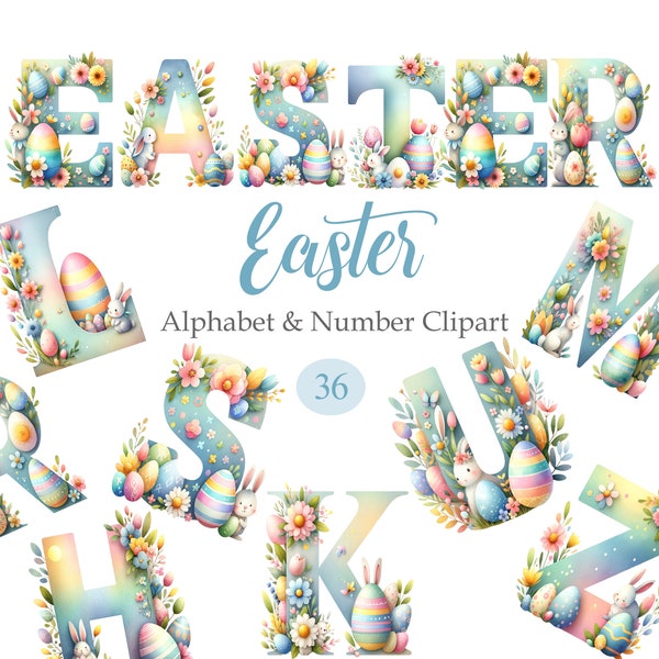 Easter Alphabet Clipart, Watercolor Easter PNG, Cute Easter Letters, Alphabet Sublimation, Nursery Clipart, Digital Download