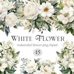 White Flower PNG, Watercolor White Floral Clipart, Flower Bouquet, Wreath, Spring Floral, Wedding, Digital Download