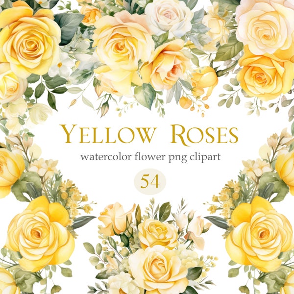 Yellow Rose PNG Clipart, Watercolor Yellow Rose Clipart Bundle, Yellow Flower Bouquet, Roses Wreath, Spring Floral, Digital Download