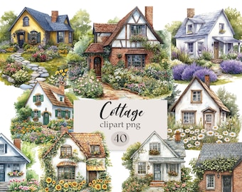 Cottage Clipart, Watercolor House PNG, Digital Download
