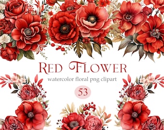 Flor Roja PNG, Clipart Floral Rojo Acuarela, Ramo de Flores, Corona, Sublimación, Primavera, Descarga Digital