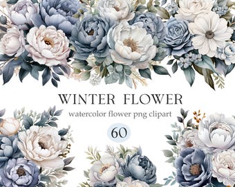 Winter Flower Clipart, Watercolor Floral PNG, Digital Download