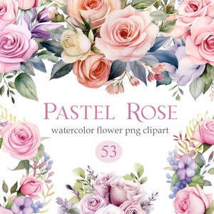 Pastel Rose PNG Clipart, Watercolor Pastel Flower Clipart Bundle, Roses Bouquet Wreath, Digital Download, Spring Floral