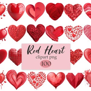 Op de afbeelding: Een verzameling van 20 rode hartontwerpen in verschillende stijlen. De harten hebben 3D-, textuur- en aquareleffecten. De afbeelding bevat ook de tekst "Red Heart clipart png 100".