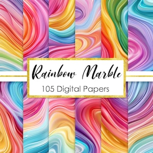 May include: A collection of 105 digital papers with a rainbow marble design. The papers feature swirling patterns in various colors, including pink, blue, yellow, orange, and green. The text "Rainbow Marble" and "105 Digital Papers" are displayed in a gold-bordered rectangle.