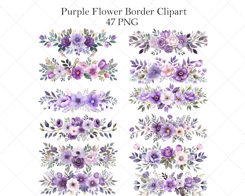 May include: Watercolor clipart featuring purple flower borders. The image includes various floral arrangements with purple, lavender, and white flowers, accented by green leaves. Text at the top reads "Purple Flower Border Clipart 47 PNG."