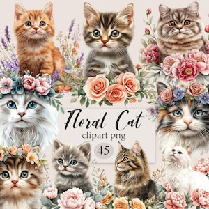 Blommig katt PNG, akvarell katt Clipart, digital nedladdning