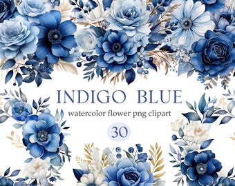 Indigo Flower PNG, Watercolor Indigo Blue Flower Clipart, Floral Bouquet, Wreath, Digital Download