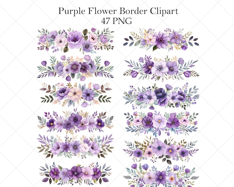 May include: A collection of watercolor floral border clip art in shades of purple, lavender, and pink. The designs feature various flower types, including roses and anemones, with green and brown foliage. Text at the top reads "Purple Flower Border Clipart 47 PNG."
