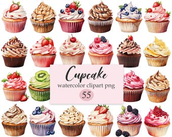 Cupcake Clipart, Watercolor Dessert PNG, Sweet Treats, Digital Download