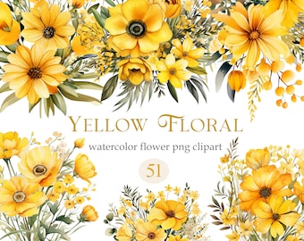 Yellow Floral Clipart, Watercolor Yellow Flower Clipart Bundle, Bouquet, Wreath, Digital Download, Spring Floral, Yellow Flower PNG
