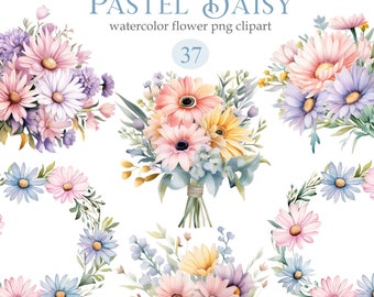 Pastel Daisy Watercolor Clipart, Daisy PNG Bundle, Daisy Bouquet Wreath, Spring Flower Clipart, Digital Download