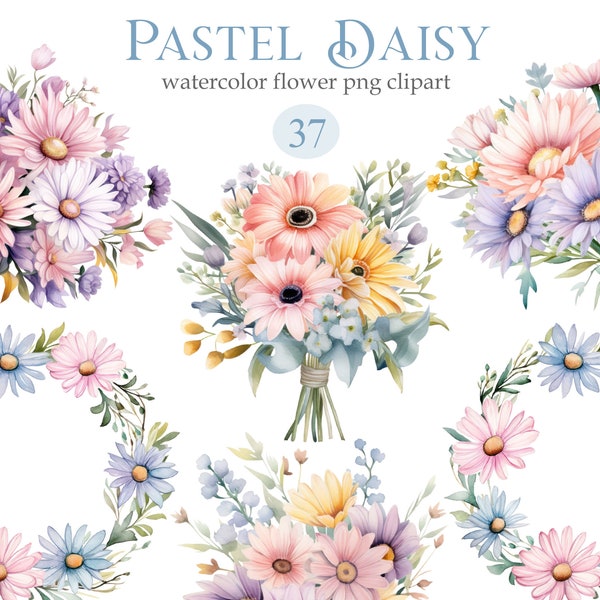 Pastel Daisy Watercolor Clipart, Daisy PNG Bundle, Daisy Bouquet Wreath, Spring Flower Clipart, Digital Download