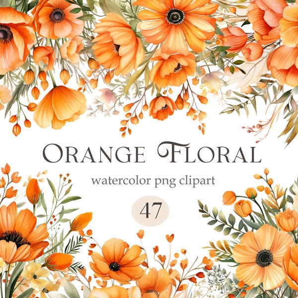 Orange Floral PNG, Watercolor Orange Flower Clipart Bundle, Bouquet, Wreath, Digital Download, Spring Floral, Summer Flower