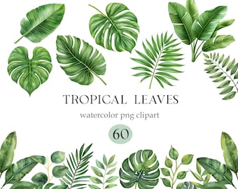 Tropical Leaves Clipart, Green Leaf PNG, Digital Download