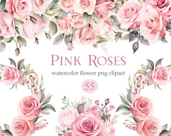 Pink Rose PNG, Watercolor Pink Rose Clipart Bundle, Wedding Bouquet, Pink Flower Clipart, Valentine PNG, Rose Wreath