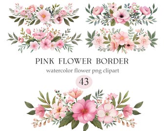 Pink Flower Border PNG, Watercolor Floral Border Clipart, Digital Download