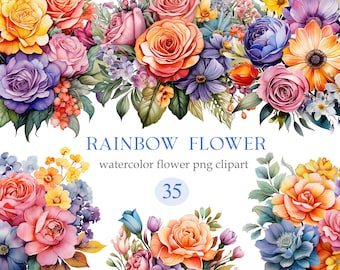 Rainbow Flower PNG, Watercolor Floral Clipart, Bouquet, Digital Download, Flower Sublimation