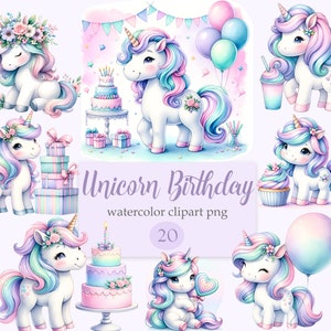 ユニコーン クリップアート、水彩ユニコーン PNG、かわいいユニコーン、ベビーユニコーンの誕生日クリップアート、昇華、デジタル ダウンロード