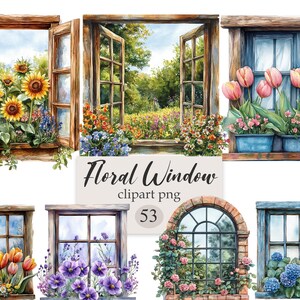 May include: Watercolor illustrations of open windows with floral arrangements. The windows are filled with sunflowers, tulips, and other colorful flowers. The text "Floral Window clipart png" is displayed on a white background, with the number "53".