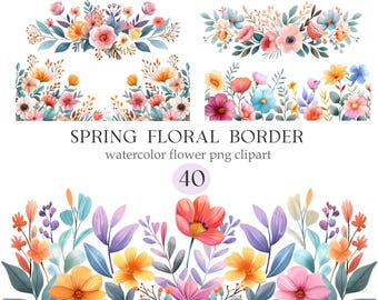 Spring Floral Border Clipart, Watercolor Flower PNG, Digital Download