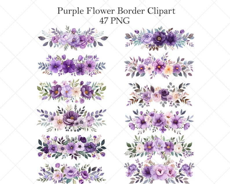 May include: Watercolor clipart of purple flower borders. The image features several floral arrangements with various shades of purple, lavender, and white flowers, accented by green and gray leaves. Text at the top reads "Purple Flower Border Clipart 47 PNG."