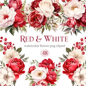 May include: A set of 48 watercolour flower clipart images featuring red and white roses, peonies, and berries. The flowers are arranged in bouquets and individual blooms. The clipart is perfect for creating invitations, cards, and other digital projects.