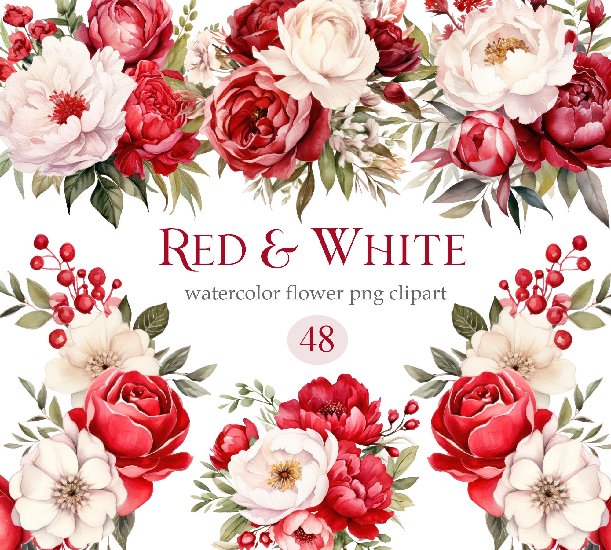 Buy Red White Flower PNG Clipart, Watercolor Red Floral Clipart
