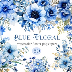 Op de afbeelding: Een set van 50 blauwe aquarel bloemen clipart afbeeldingen. De bloemen zijn in verschillende tinten blauw en zijn gerangschikt in een boeket. De tekst "BLUE FLORAL watercolor flower png clipart 50" staat in het midden van de afbeelding.