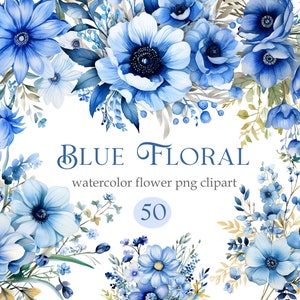 Blue Floral Clipart, Watercolor Blue Flower Clipart Bundle, Flower Bouquet Wreath, Digital Download, Spring Floral, Blue Flower PNG