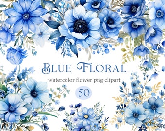 Blue Floral Clipart, Watercolor Blue Flower Clipart Bundle, Flower Bouquet Wreath, Digital Download, Spring Floral, Blue Flower PNG