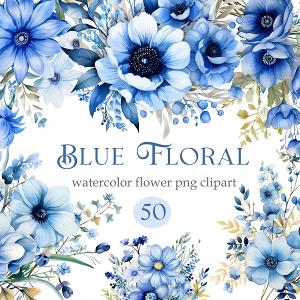 Blue Floral Clipart, Watercolor Blue Flower Clipart Bundle, Flower Bouquet Wreath, Digital Download, Spring Floral, Blue Flower PNG