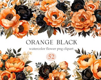 Orange and Black Flower PNG, Watercolor Floral Clipart, Bouquet, Wreath, Digital Download, Flower Sublimation