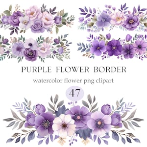 以下が含まれることがあります： 紫、ラベンダー、白の色合いの水彩画の花のボーダーデザイン。画像には、花と葉のさまざまなアレンジメントがいくつかあり、「PURPLE FLOWER BORDER」と「watercolor flower png clipart」というテキストが表示されています。数字の47も表示されています。