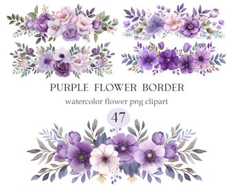 Purple Flower PNG, Watercolor Floral Border Clipart, Digital Download