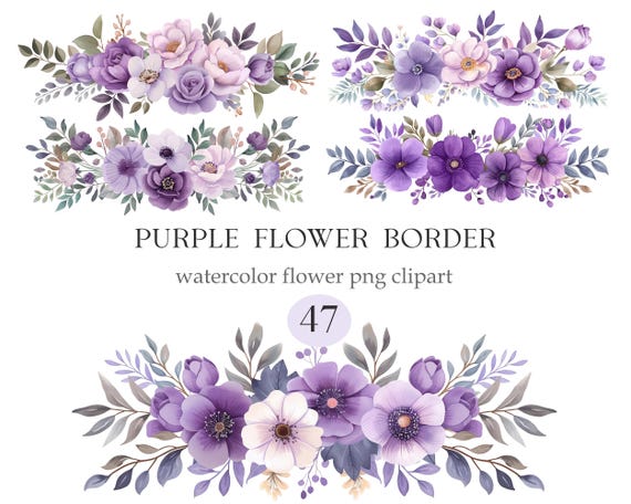 Purple Flower PNG, Watercolor Floral Border Clipart, Digital Download