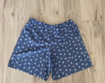 Blue Floral Shorts - Handmade, Upcycled, Elastic Stretchy Waist, Aline Silhouette