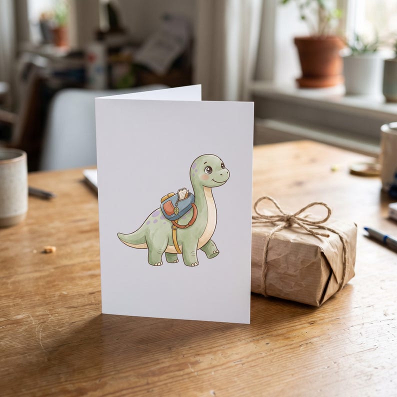 Cute Dinosaur clipart design printed on a card, as an example