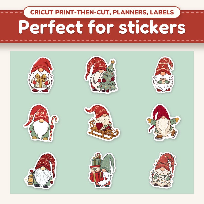 Christmas Gnome clipart printed as a die-cut sticker sheet