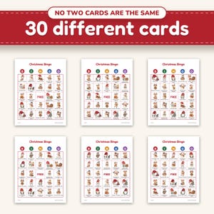 Six of the 30 different christmas bingo cards, each a 5 by 5 grid of pictures
