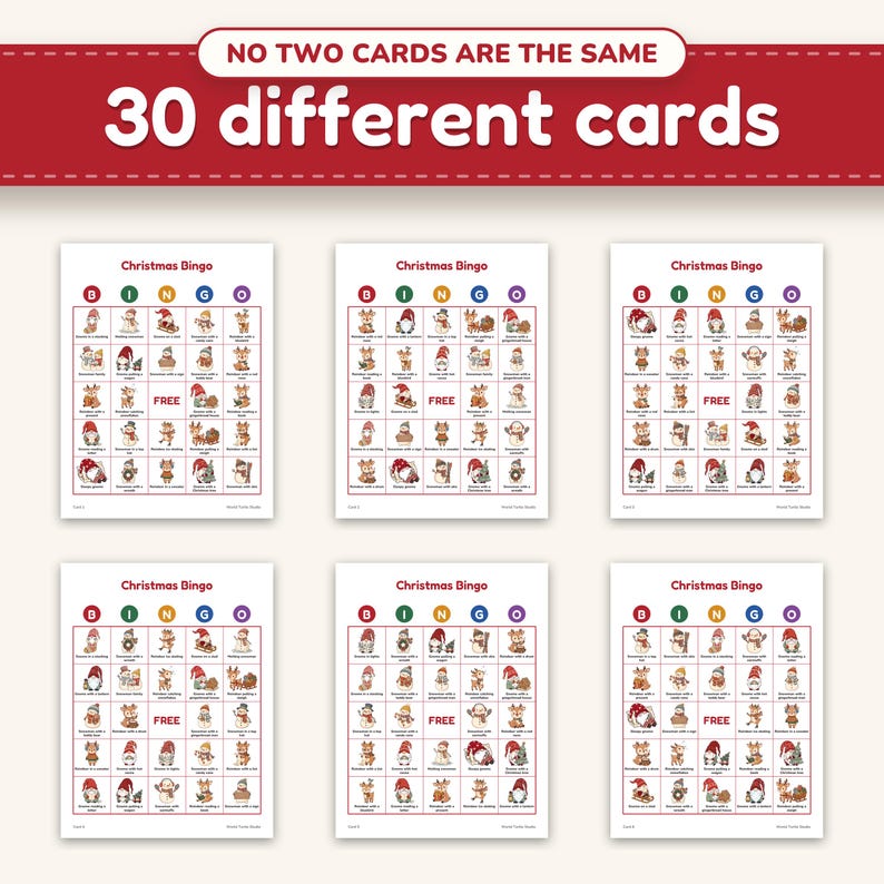 Six of the 30 different christmas bingo cards, each a 5 by 5 grid of pictures