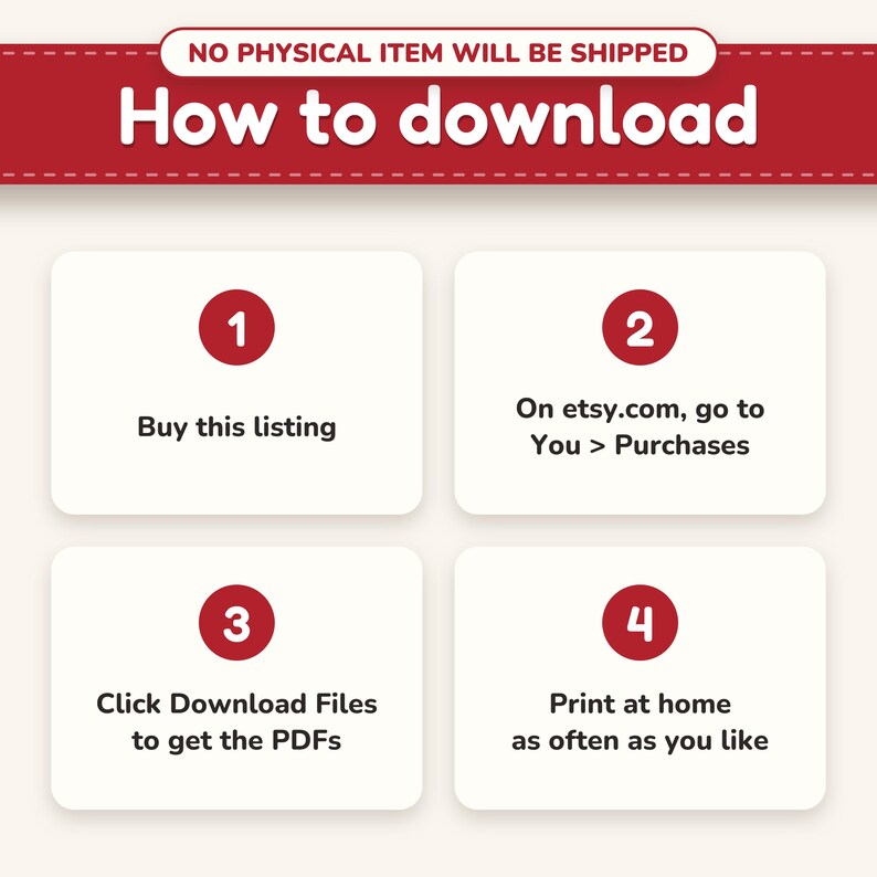 Instant digital download, no physical item shipped, and how to download the PDFs