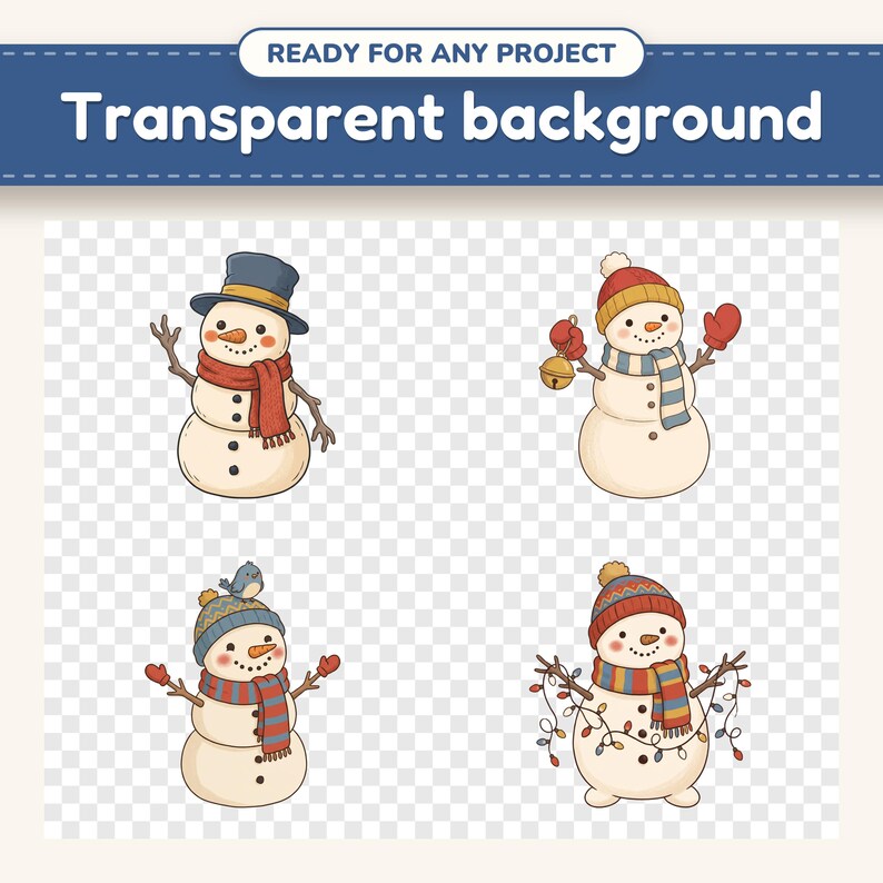 Winter Snowman clipart designs on a checkerboard, showing the transparent background