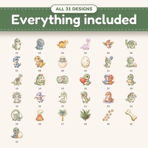 All 31 cute dinosaur clipart designs in the bundle, numbered