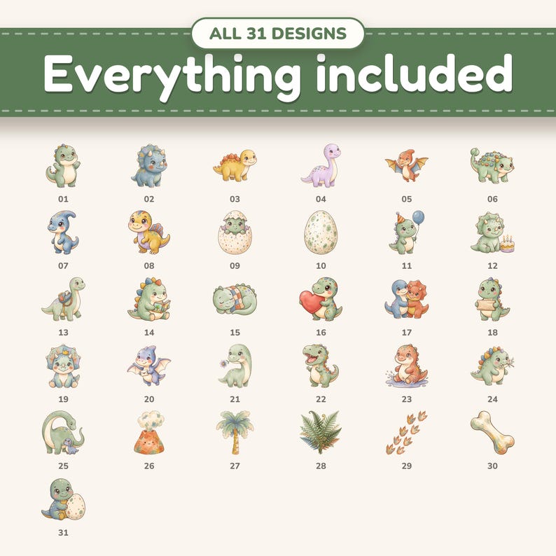 All 31 cute dinosaur clipart designs in the bundle, numbered