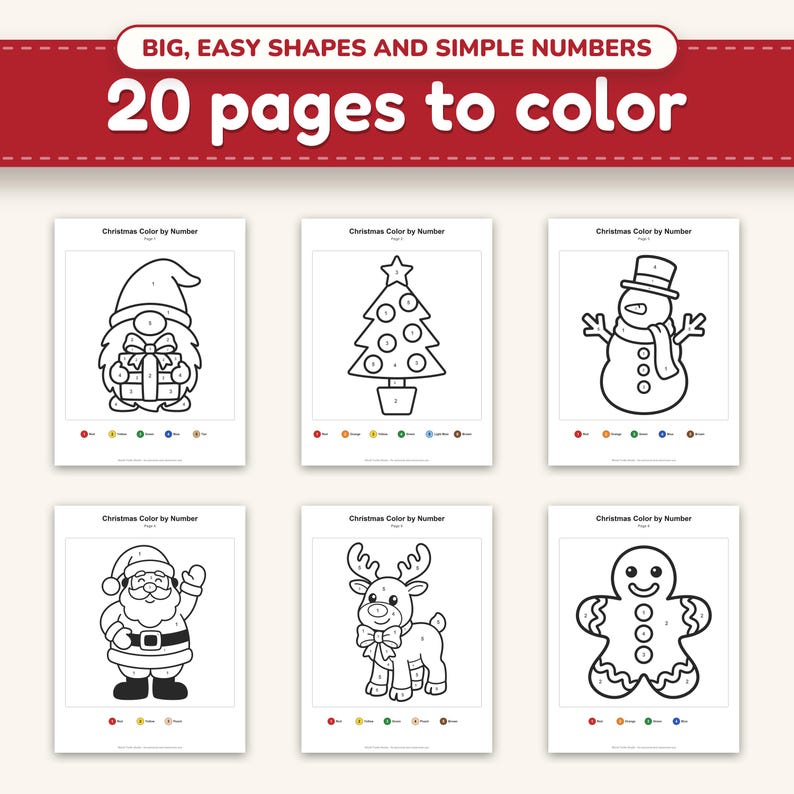 A spread of the Christmas color by number pages