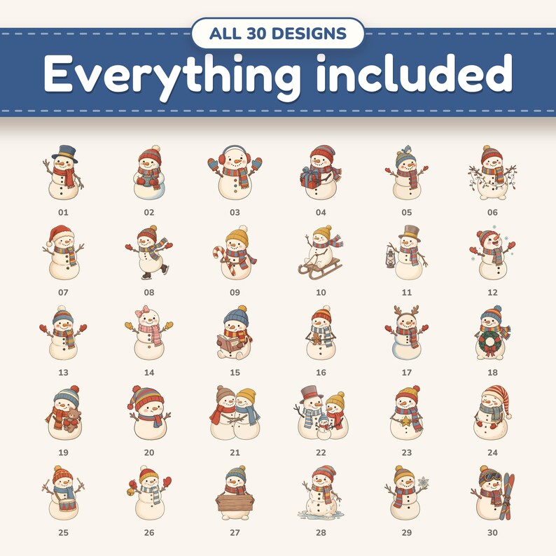 All 30 winter snowman clipart designs in the bundle, numbered