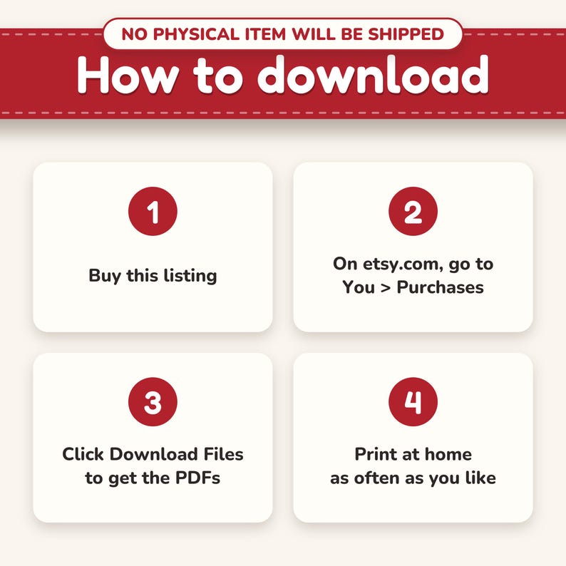 Instant digital download, no physical item shipped, and how to download the PDFs