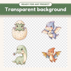 Cute Dinosaur clipart designs on a checkerboard, showing the transparent background
